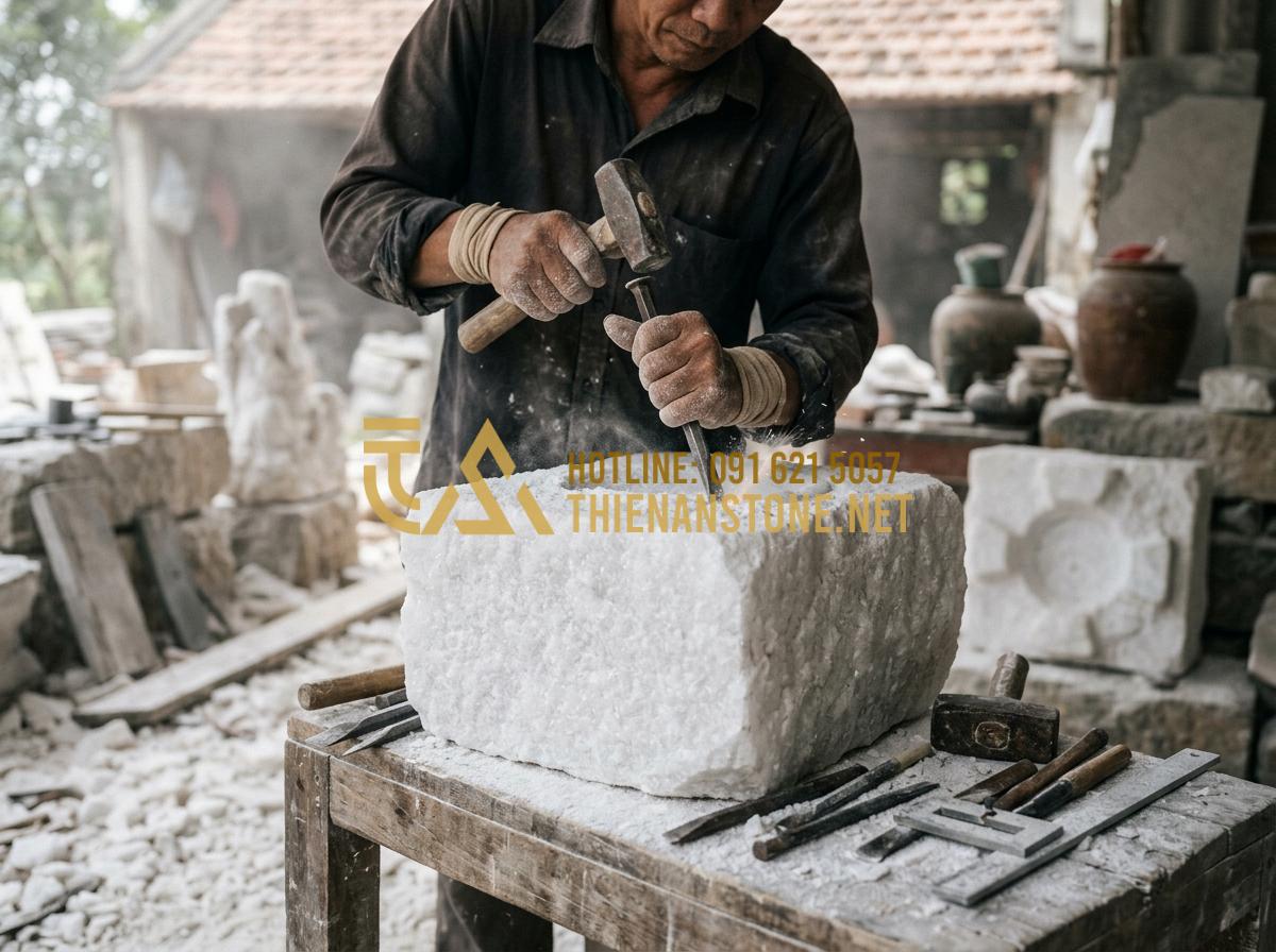 Tại sao bếp đá đun nước pha trà giúp giữ trọn hương vị trà đạo? - A master craftsman carving a stone stove from a large block of natural gray gran