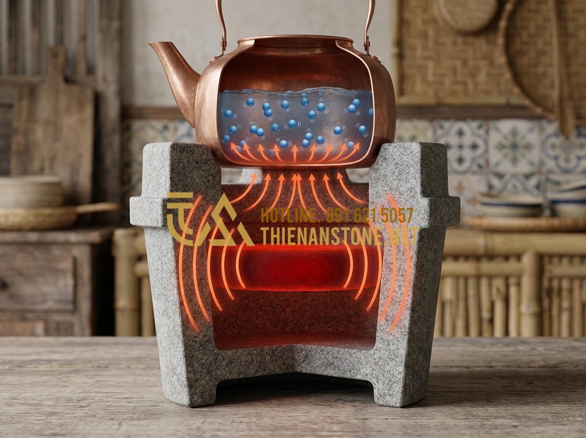 Tại sao bếp đá đun nước pha trà giúp giữ trọn hương vị trà đạo? - Scientific illustration showing the cross-section of a stone stove, heat waves r