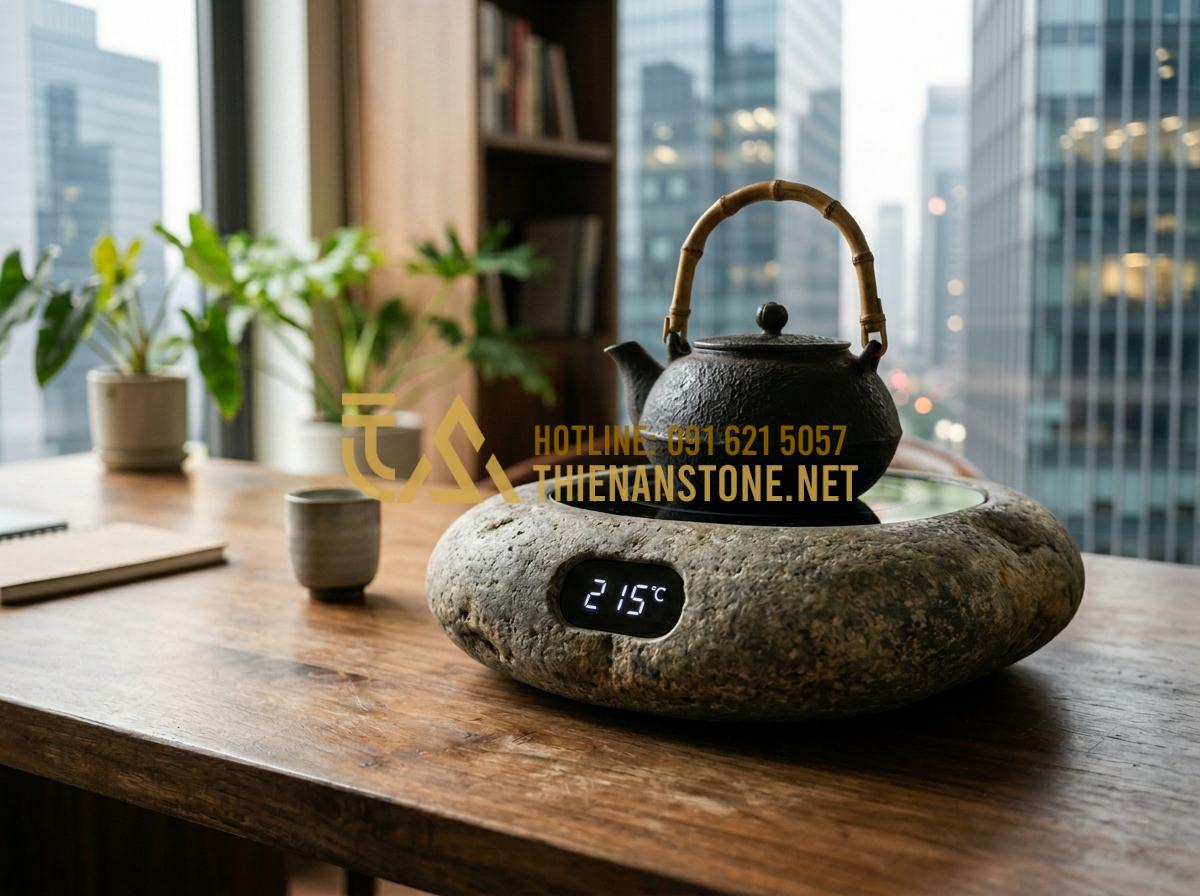 Tại sao bếp đá đun nước pha trà giúp giữ trọn hương vị trà đạo? - A sleek modern stone infrared stove on a designer wooden desk, minimalist digita