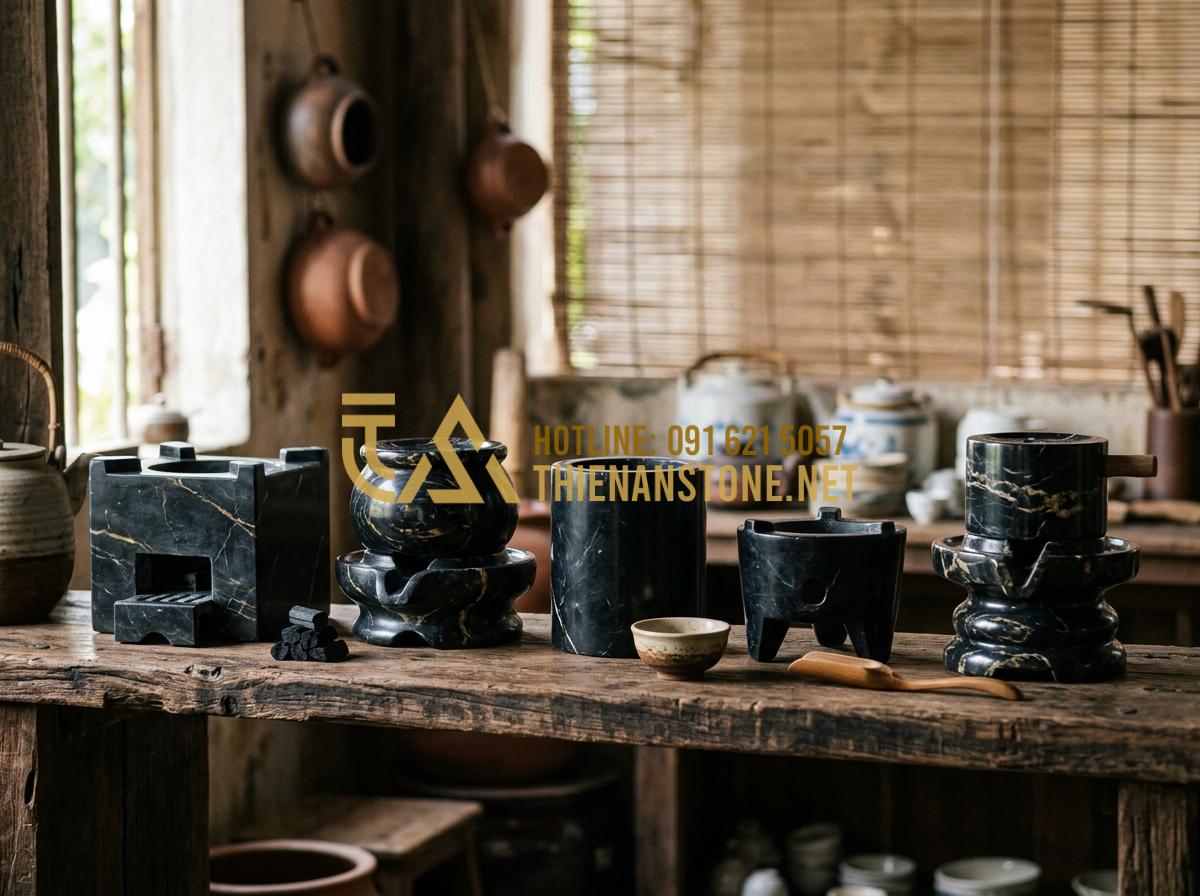 Tại sao bếp đá đun nước pha trà giúp giữ trọn hương vị trà đạo? - A collection of different stone tea stoves displayed on a wooden shelf, various