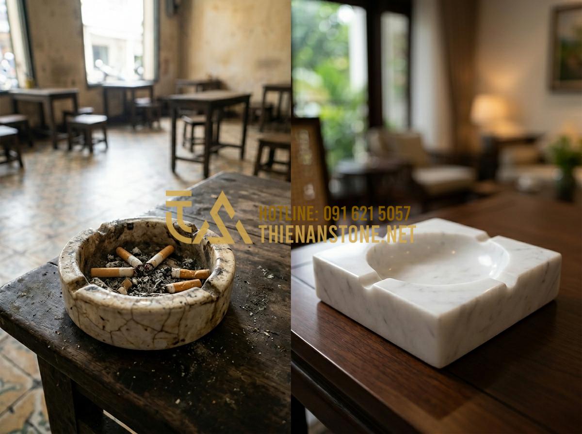 Tại sao gạt tàn đá tự nhiên lại bền và được ưa chuộng hơn gạt tàn sứ? - Tạo ảnh tiếng Anh: A side-by-side comparison image in a split screen style. On t