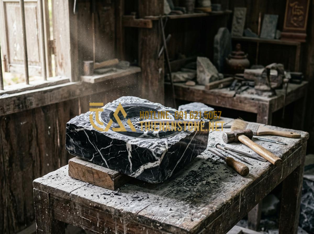 Tại sao gạt tàn đá tự nhiên lại bền và được ưa chuộng hơn gạt tàn sứ? - Tạo ảnh tiếng Anh: An artisan sculptor in a traditional workshop environment, ca