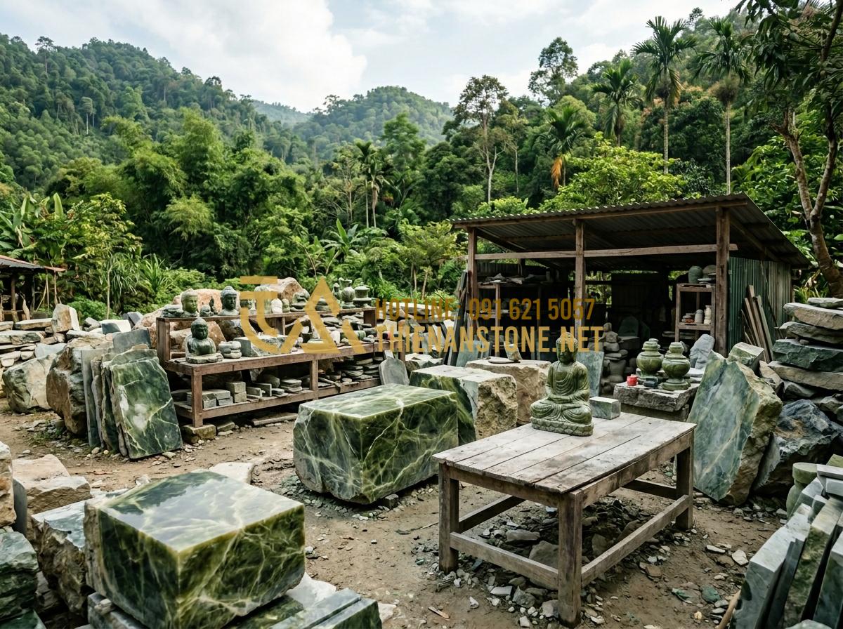 Tại sao gạt tàn đá tự nhiên lại bền và được ưa chuộng hơn gạt tàn sứ? - Tạo ảnh tiếng Anh: A wide shot of the Thien An Stone workshop in Phu Tho provinc