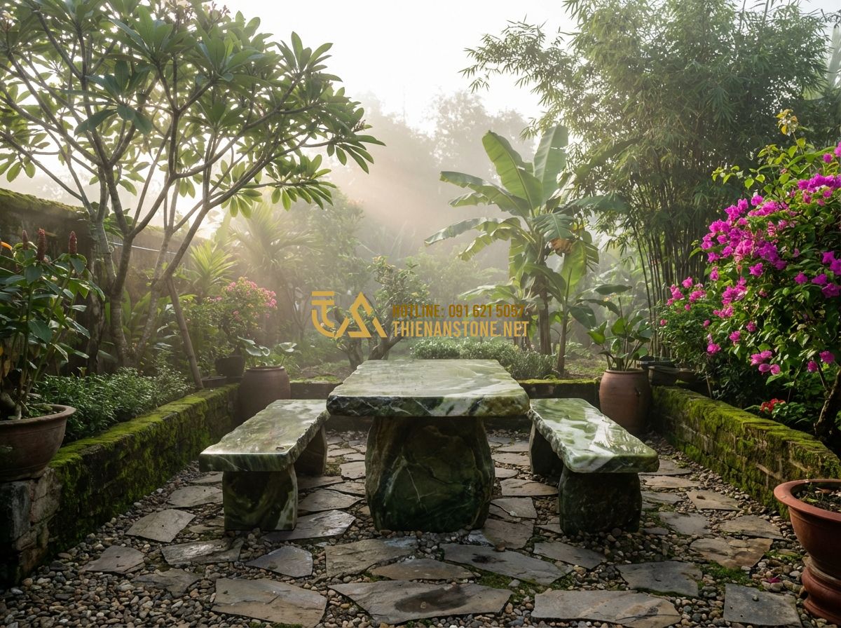 Thanh Lý Bàn Ghế Đá Tự Nhiên Nguyên Khối Giá Rẻ - Nên Mua Hay Không? - Tạo ảnh tiếng Anh: A wide shot of a peaceful backyard featuring a rustic natural
