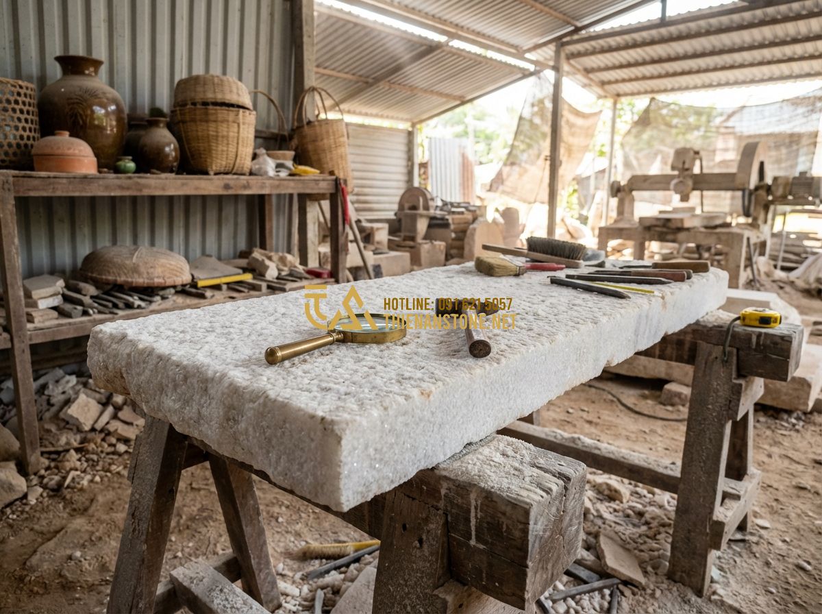 Thanh Lý Bàn Ghế Đá Tự Nhiên Nguyên Khối Giá Rẻ - Nên Mua Hay Không? - Tạo ảnh tiếng Anh: A skilled artisan inspecting a large natural stone slab with