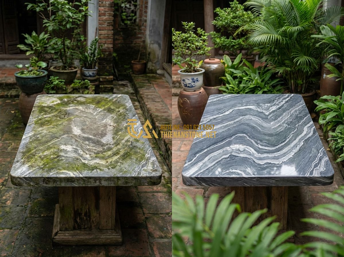 Thanh Lý Bàn Ghế Đá Tự Nhiên Nguyên Khối Giá Rẻ - Nên Mua Hay Không? - Tạo ảnh tiếng Anh: A before and after comparison of a natural stone table restor