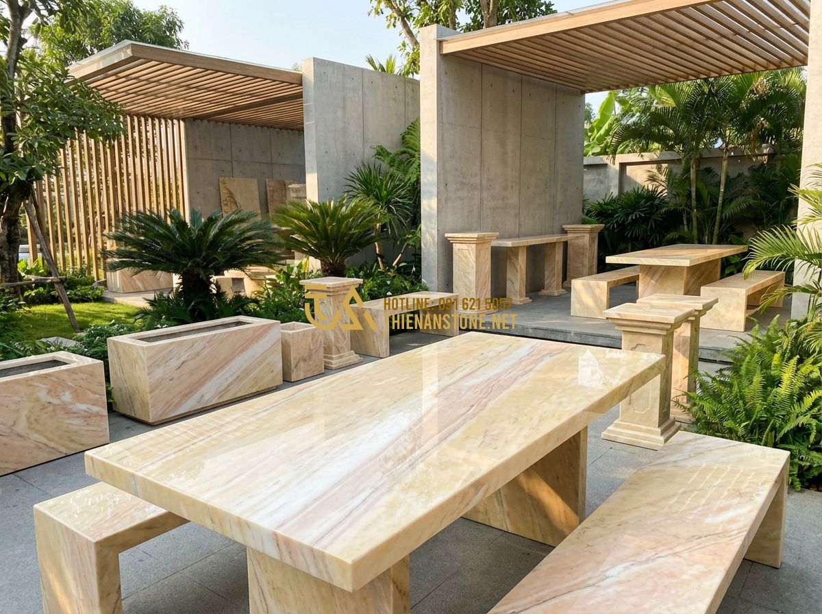 Thanh Lý Bàn Ghế Đá Tự Nhiên Nguyên Khối Giá Rẻ - Nên Mua Hay Không? - Tạo ảnh tiếng Anh: An elegant outdoor showroom featuring various types of new na