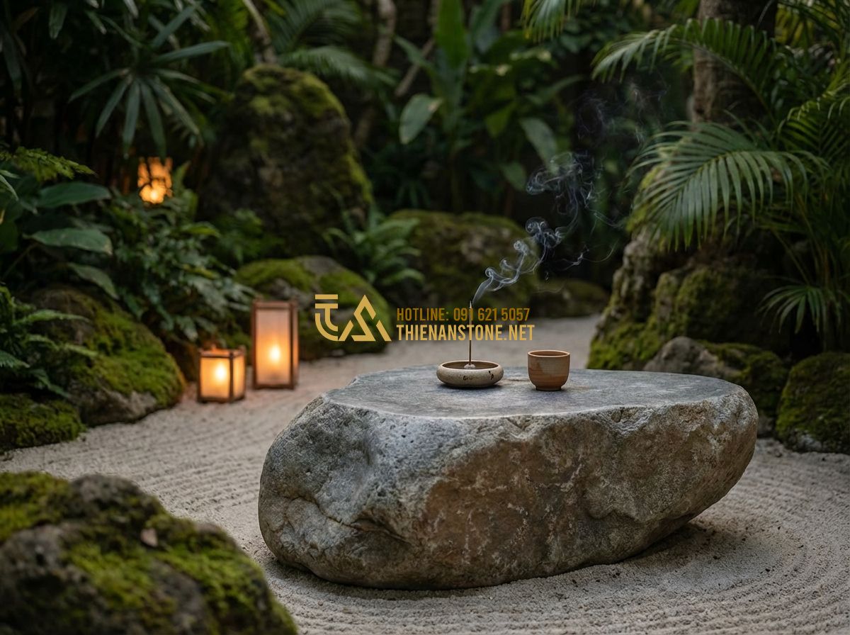 Thanh Lý Bàn Ghế Đá Tự Nhiên Nguyên Khối Giá Rẻ - Nên Mua Hay Không? - Tạo ảnh tiếng Anh: A serene Zen garden with a natural stone table, incense burni