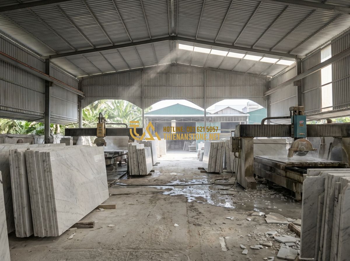 Thanh Lý Bàn Ghế Đá Tự Nhiên Nguyên Khối Giá Rẻ - Nên Mua Hay Không? - Tạo ảnh tiếng Anh: A professional stone masonry factory with large slabs of natu