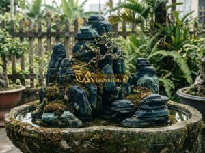 Thanh Lý Hòn Non Bộ Cũ Giá Rẻ - Cơ Hội Sở Hữu Hòn Non Bộ Đẹp - Tạo ảnh tiếng Anh: A serene outdoor garden scene featuring an ancient miniature