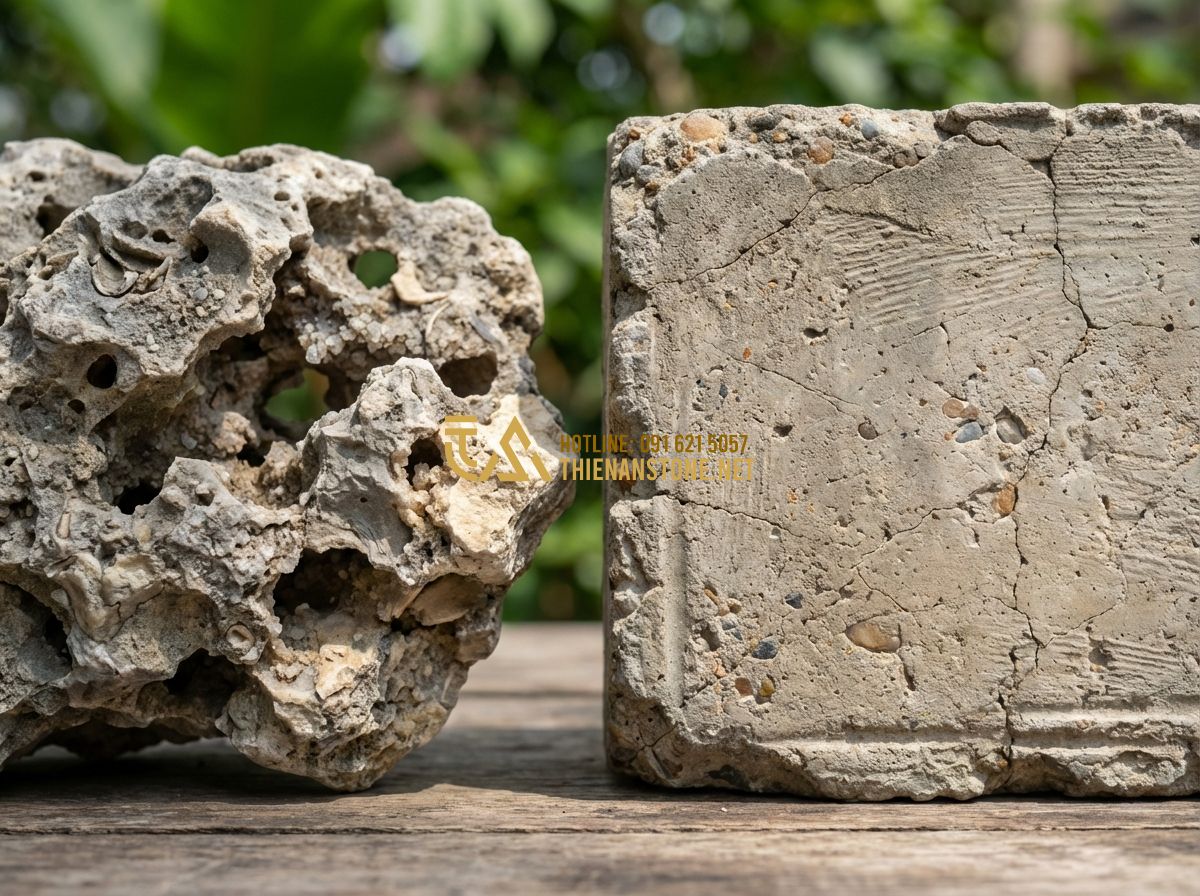 Thanh Lý Hòn Non Bộ Cũ Giá Rẻ - Cơ Hội Sở Hữu Hòn Non Bộ Đẹp - Hình 4 Thanh Lý Hòn Non Bộ Cũ Giá Rẻ - Cơ Hội Sở Hữu Hòn Non Bộ Đẹp - Tạo ảnh tiếng Anh: Detailed comparison between natural limestone texture and age