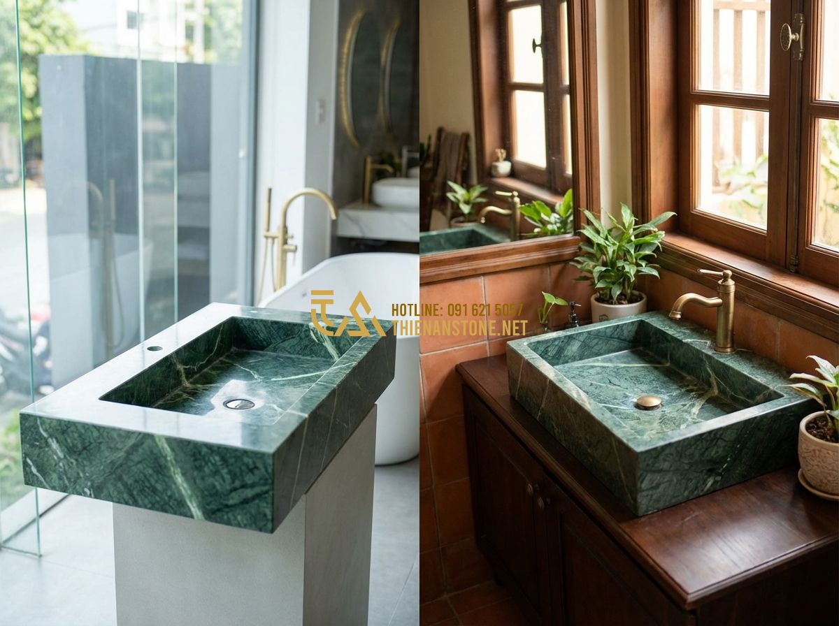 Thanh Lý Lavabo Đá Tự Nhiên Và Bàn Đá Lavabo Giá Rẻ, Chất Lượng Cao - Tạo ảnh tiếng Anh: A detailed comparison photo. On the left, a brand new, shiny 