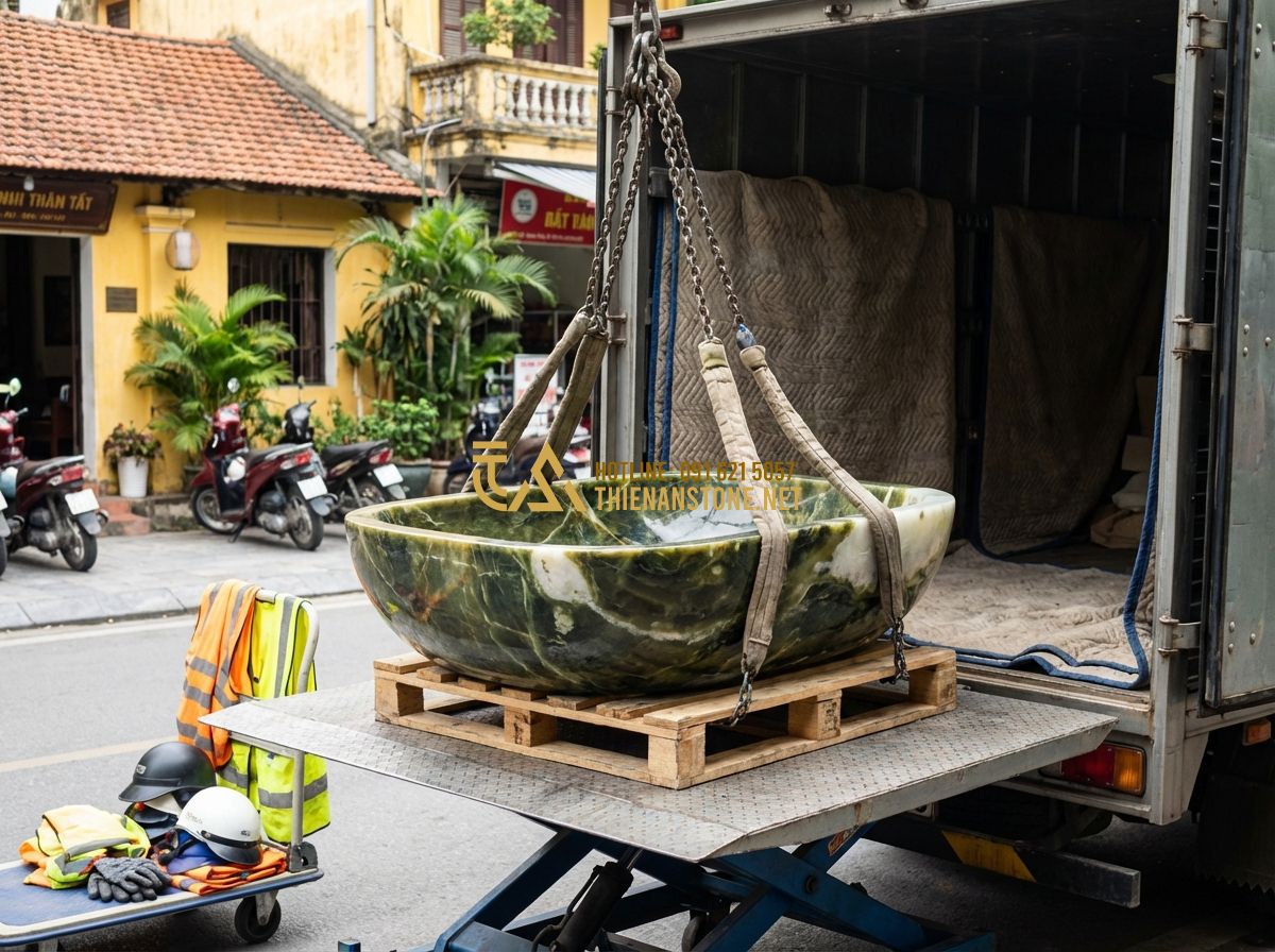 Thanh Lý Lavabo Đá Tự Nhiên Và Bàn Đá Lavabo Giá Rẻ, Chất Lượng Cao - Tạo ảnh tiếng Anh: A professional team in uniforms carefully unloading a large, 