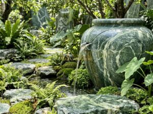 Thi Công Ang Nước Tiểu Cảnh Bằng Đá Tự Nhiên: Quy Trình & Lưu Ý Quan Trọng - Close-up view of a large natural stone water jar (ang nuoc) carved from granite