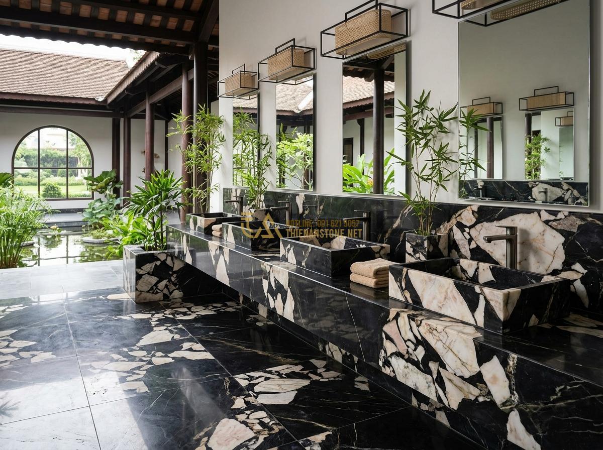 Thi Công Ang Nước Tiểu Cảnh Bằng Đá Tự Nhiên: Quy Trình & Lưu Ý Quan Trọng - Professional team from Da Canh Thien An posing at a completed luxury ang nuoc pr