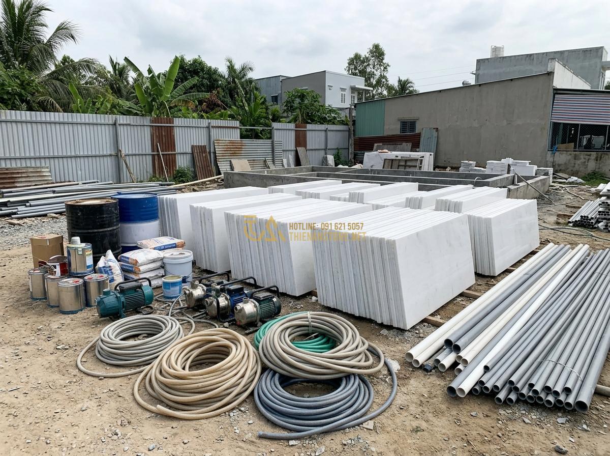 Thi Công Ang Nước Tiểu Cảnh Bằng Đá Tự Nhiên: Quy Trình & Lưu Ý Quan Trọng - Materials preparation yard with neatly stacked natural stone slabs, water pumps,