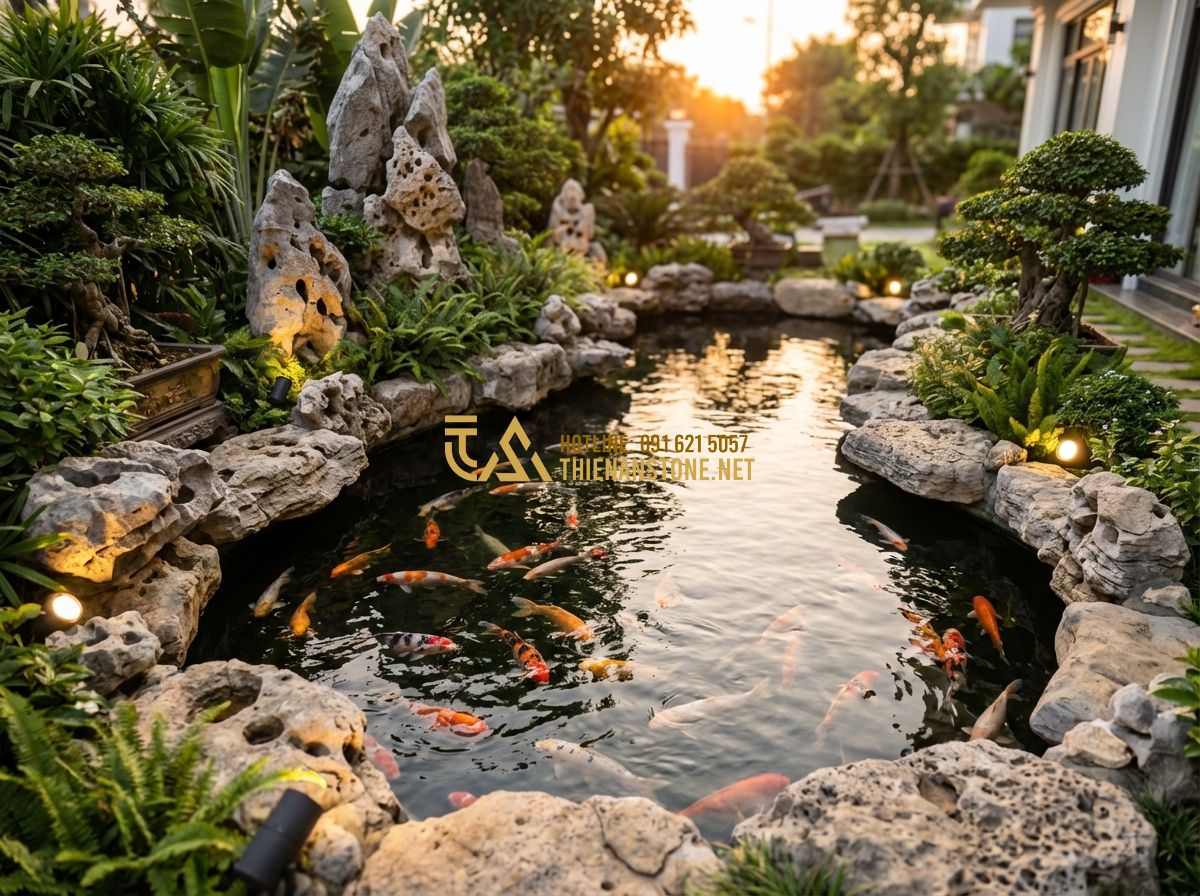 Thi Công Bể Cá Koi Nhà Hàng & Biệt Thự - Kinh Nghiệm Từ Các Dự Án Lớn - Tạo ảnh tiếng Anh: A majestic Koi pond in a luxury villa garden at sunset, featu