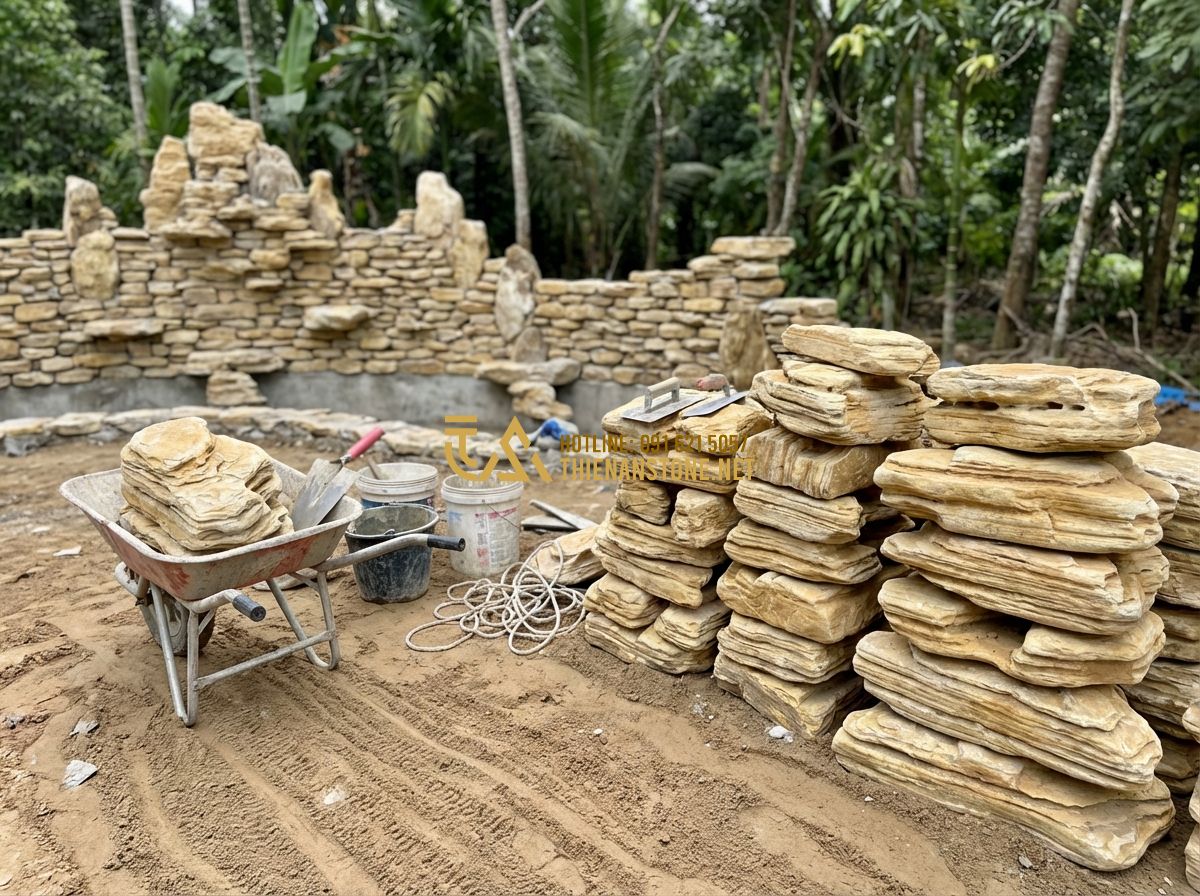 Thi Công Bể Cá Koi Nhà Hàng & Biệt Thự - Kinh Nghiệm Từ Các Dự Án Lớn - Tạo ảnh tiếng Anh: The team of artisans and engineers from Thien An Stone workin