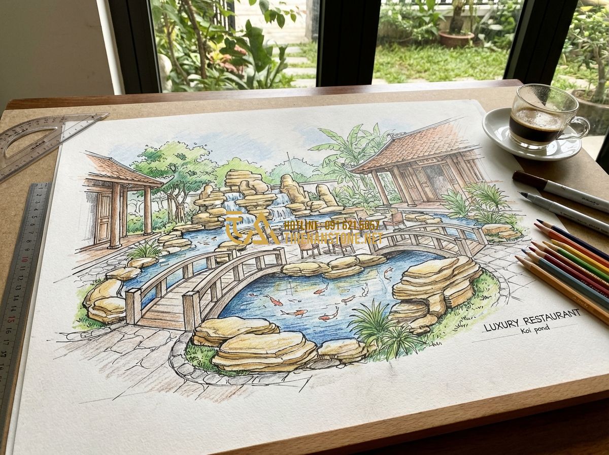 Thi Công Bể Cá Koi Nhà Hàng & Biệt Thự - Kinh Nghiệm Từ Các Dự Án Lớn - Tạo ảnh tiếng Anh: A professional designer sketching a landscape plan for a luxu
