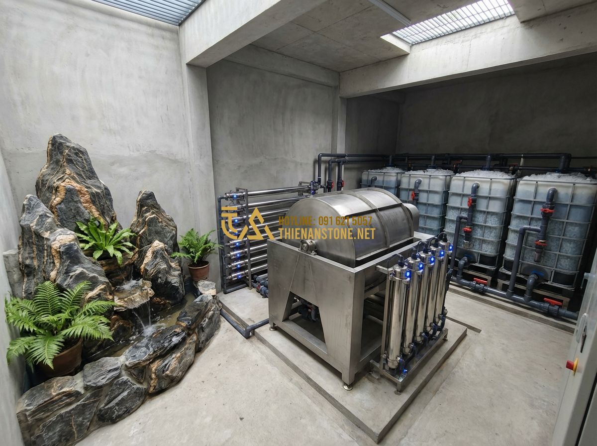 Thi Công Bể Cá Koi Nhà Hàng & Biệt Thự - Kinh Nghiệm Từ Các Dự Án Lớn - Tạo ảnh tiếng Anh: A high-tech filtration system for a large scale Koi pond, sho