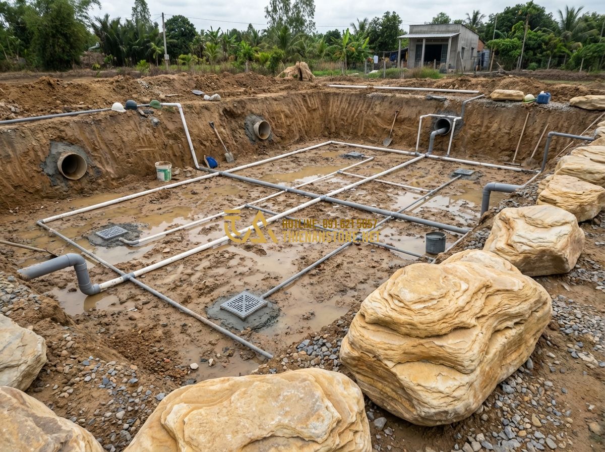 Thi Công Bể Cá Koi Nhà Hàng & Biệt Thự - Kinh Nghiệm Từ Các Dự Án Lớn - Tạo ảnh tiếng Anh: Construction workers installing a complex network of PVC pipe