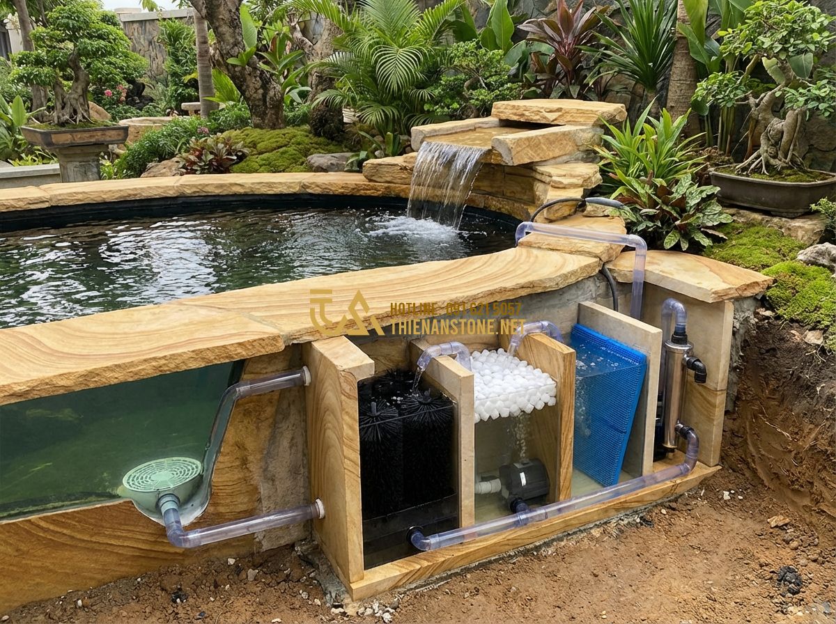 Thi Công Bể Cá Koi Nhà Hàng & Biệt Thự - Kinh Nghiệm Từ Các Dự Án Lớn - Tạo ảnh tiếng Anh: A detailed cross-section diagram of a professional Koi pond f