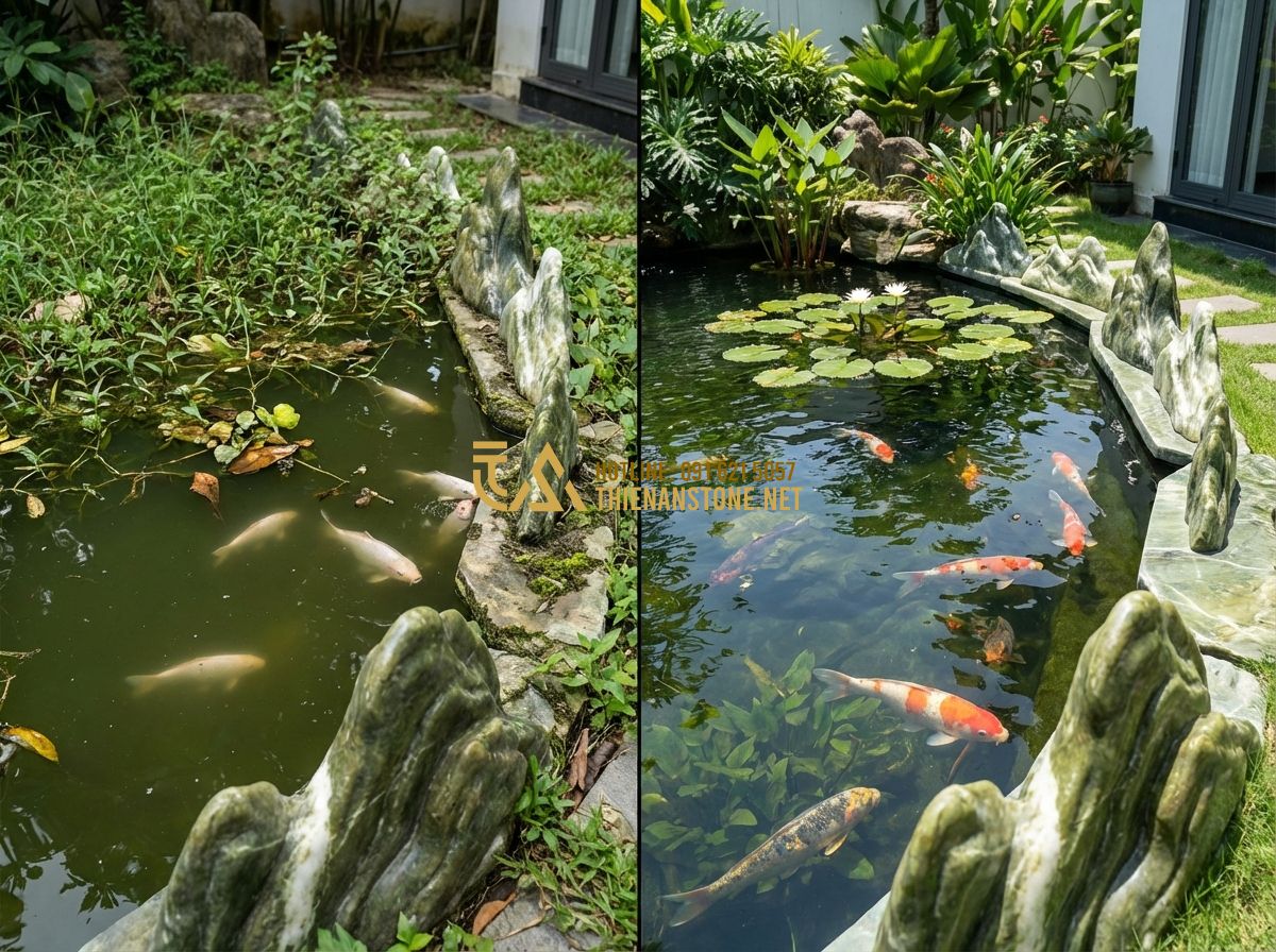 Thi Công Bể Cá Koi Nhà Hàng & Biệt Thự - Kinh Nghiệm Từ Các Dự Án Lớn - Tạo ảnh tiếng Anh: A comparison split-screen image: on the left, a poorly mainta