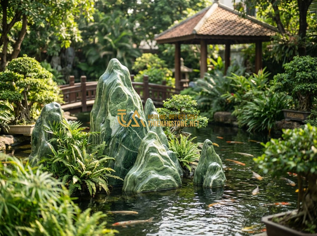 Thi Công Bể Cá Koi Nhà Hàng & Biệt Thự - Kinh Nghiệm Từ Các Dự Án Lớn - Tạo ảnh tiếng Anh: A happy family sitting by a beautiful Koi pond in their garde