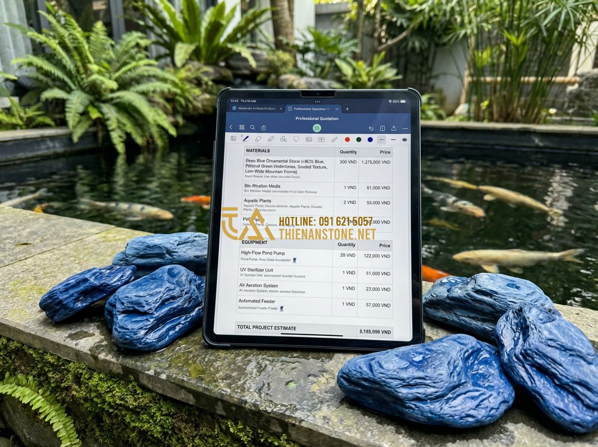 Thi Công Bể Cá Koi Nhà Hàng & Biệt Thự - Kinh Nghiệm Từ Các Dự Án Lớn - Tạo ảnh tiếng Anh: A detailed professional quotation document on a tablet, showi