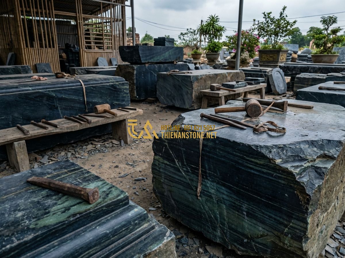 Thi Công Hồ Cá Koi Đẹp Chuyên Nghiệp 2024: Quy Trình & Báo Giá Trọn Gói - Hình 11 Thi Công Hồ Cá Koi Đẹp Chuyên Nghiệp 2024: Quy Trình & Báo Giá Trọn Gói - Tạo ảnh tiếng Anh: A large stone masonry yard at Thien An Stone Factory in Phu T