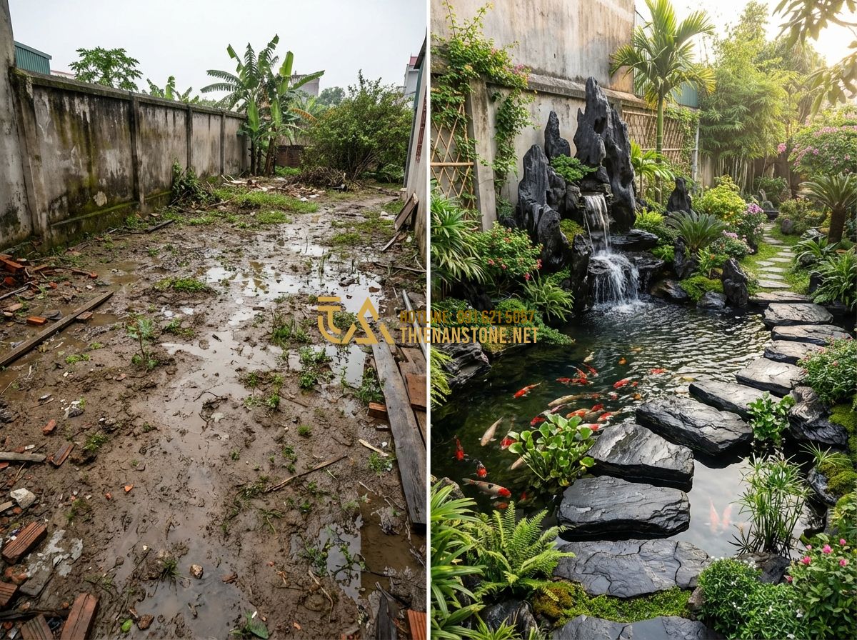 Thi Công Hồ Cá Koi Đẹp Chuyên Nghiệp 2024: Quy Trình & Báo Giá Trọn Gói - Hình 13 Thi Công Hồ Cá Koi Đẹp Chuyên Nghiệp 2024: Quy Trình & Báo Giá Trọn Gói - Tạo ảnh tiếng Anh: A before-and-after comparison collage: on the left, an empty