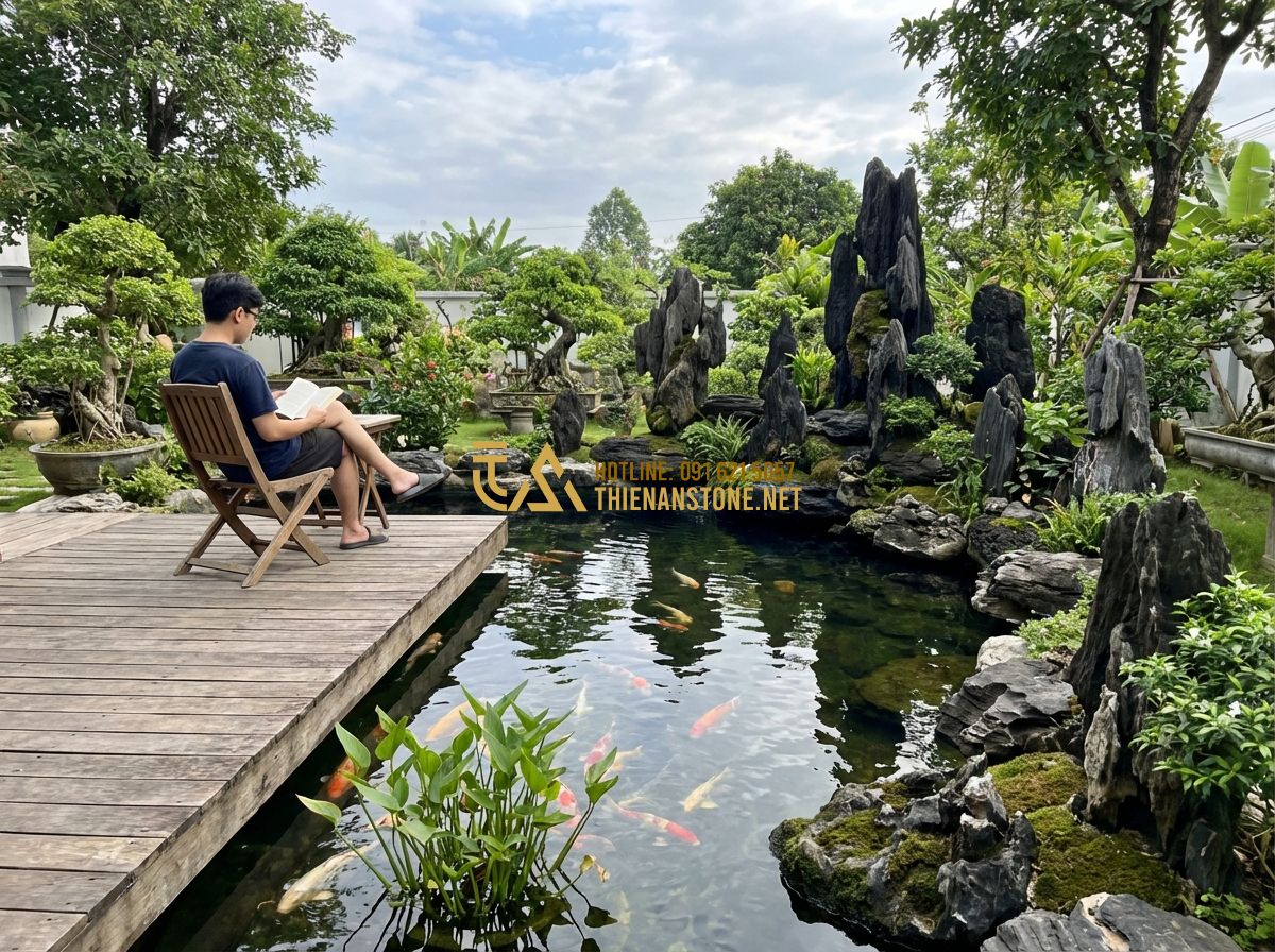 Thi Công Hồ Cá Koi Đẹp Chuyên Nghiệp 2024: Quy Trình & Báo Giá Trọn Gói - Hình 2 Thi Công Hồ Cá Koi Đẹp Chuyên Nghiệp 2024: Quy Trình & Báo Giá Trọn Gói - Tạo ảnh tiếng Anh: A serene backyard scene showing a wooden deck overlooking a k