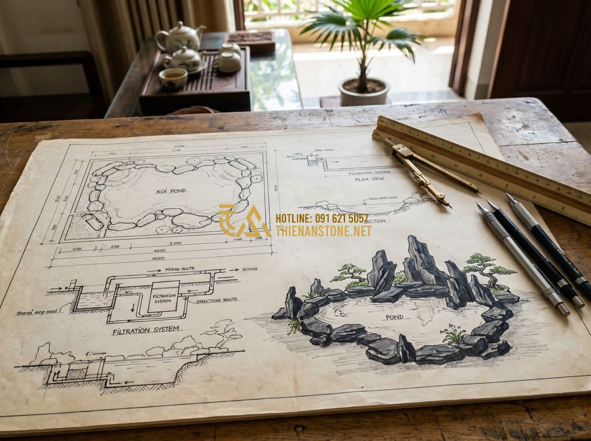 Thi Công Hồ Cá Koi Đẹp Chuyên Nghiệp 2024: Quy Trình & Báo Giá Trọn Gói - Hình 3 Thi Công Hồ Cá Koi Đẹp Chuyên Nghiệp 2024: Quy Trình & Báo Giá Trọn Gói - Tạo ảnh tiếng Anh: Technical architectural drawing of a koi pond layout on a woo