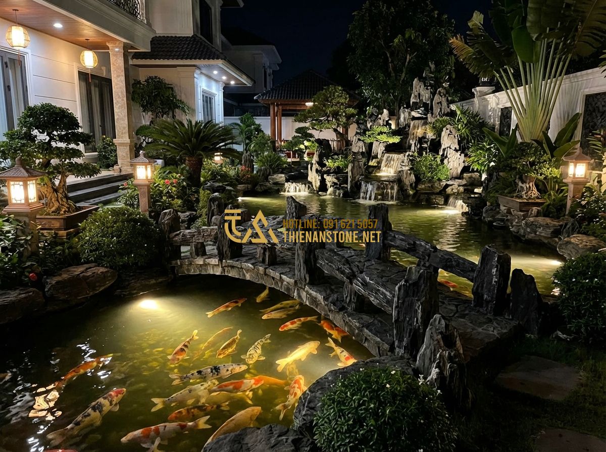 Thi Công Hồ Cá Koi Đẹp Chuyên Nghiệp 2024: Quy Trình & Báo Giá Trọn Gói - Hình 6 Thi Công Hồ Cá Koi Đẹp Chuyên Nghiệp 2024: Quy Trình & Báo Giá Trọn Gói - Tạo ảnh tiếng Anh: A luxury villa garden with a large premium koi pond, featurin