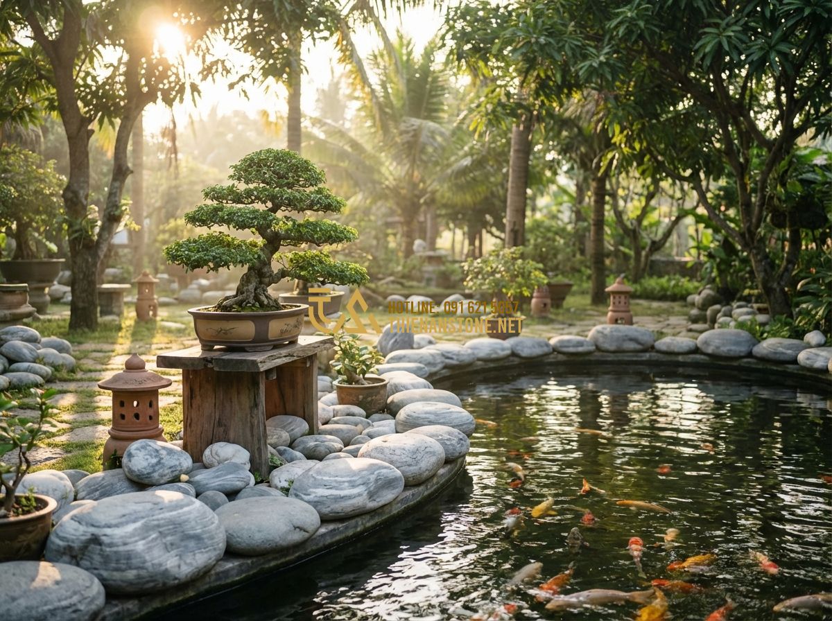 Thi Công Hồ Cá Koi Đẹp Chuyên Nghiệp 2024: Quy Trình & Báo Giá Trọn Gói - Hình 8 Thi Công Hồ Cá Koi Đẹp Chuyên Nghiệp 2024: Quy Trình & Báo Giá Trọn Gói - Tạo ảnh tiếng Anh: A gardener meticulously trimming a bonsai tree next to a beau