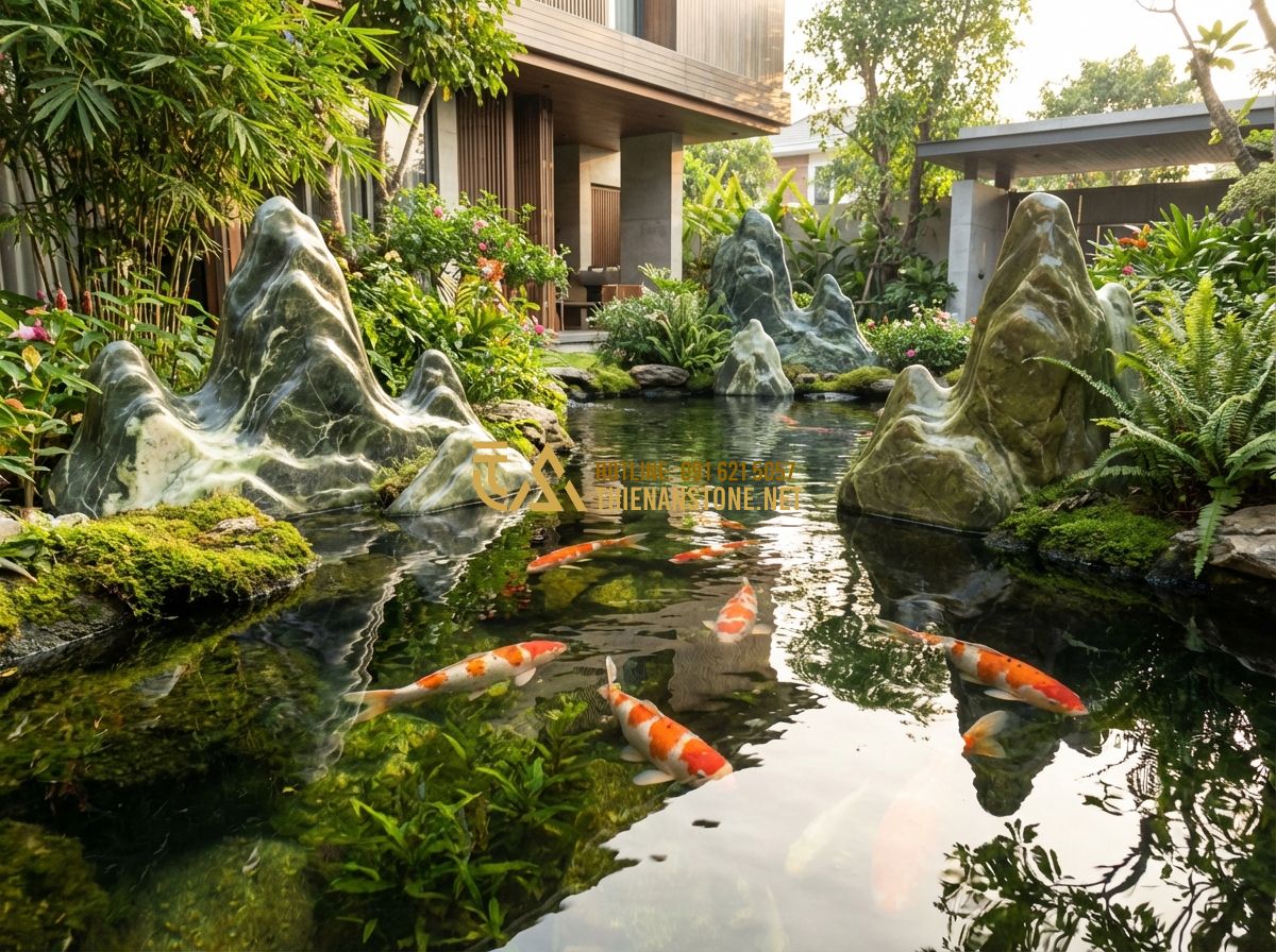 Thi Công Hồ Cá Koi Giá Rẻ Uy Tín - Bảng Báo Giá & Đơn Giá Thi Công Chi Tiết - Tạo ảnh tiếng Anh: A high-end luxury Koi fish pond integrated into a modern gard