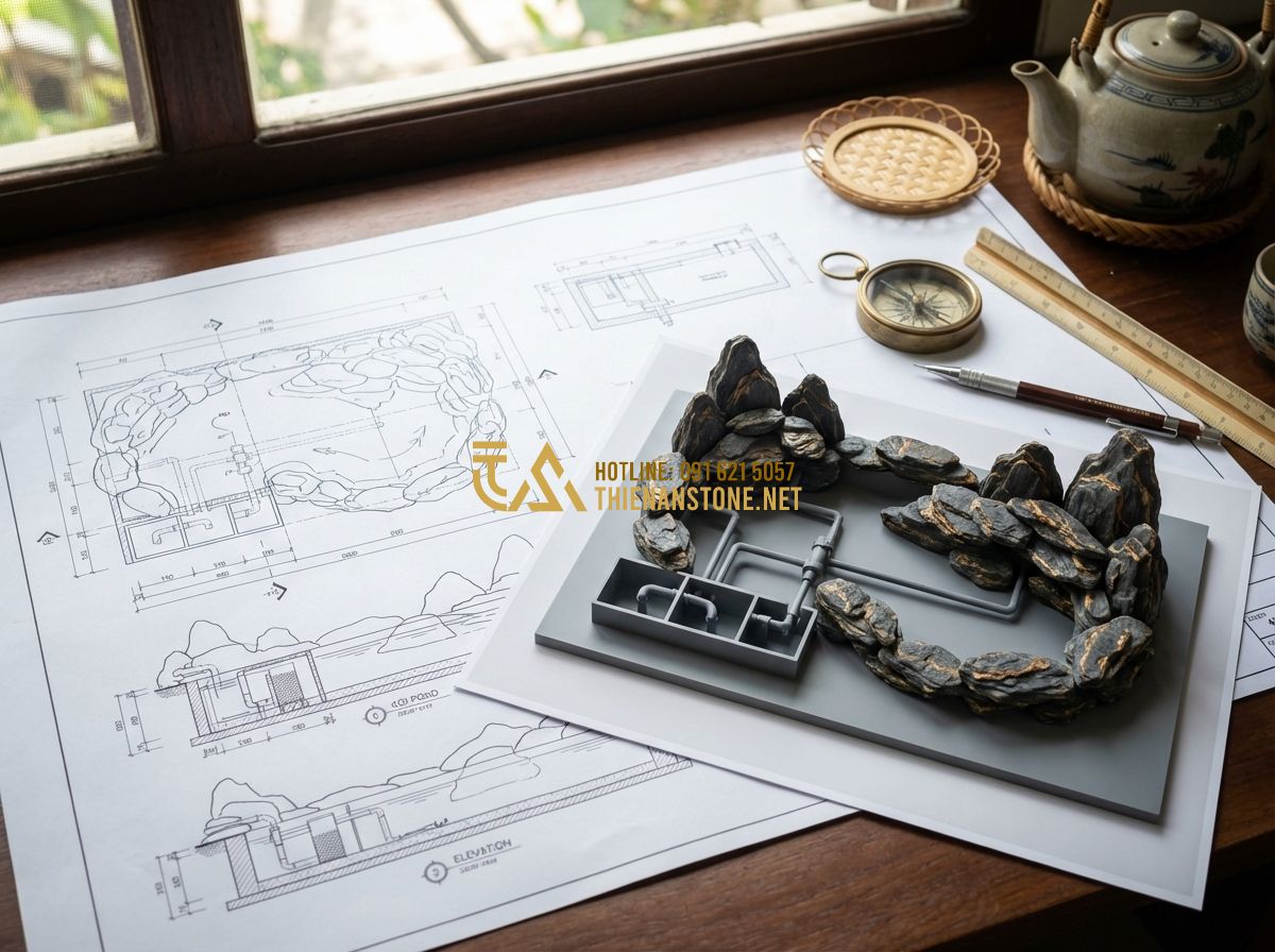 Thi Công Hồ Cá Koi Giá Rẻ Uy Tín - Bảng Báo Giá & Đơn Giá Thi Công Chi Tiết - Tạo ảnh tiếng Anh: A detailed architectural blueprint and 3D rendering of a Koi