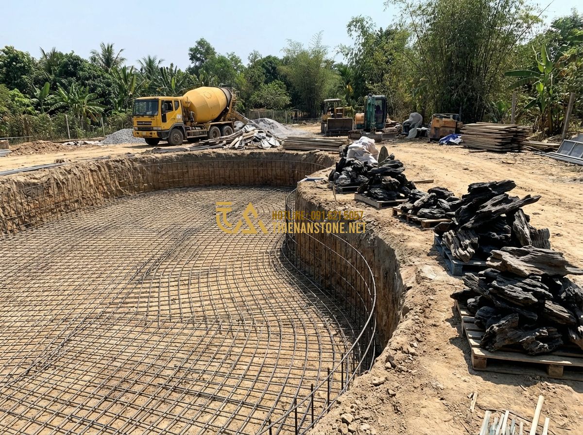 Thi Công Hồ Cá Koi Giá Rẻ Uy Tín - Bảng Báo Giá & Đơn Giá Thi Công Chi Tiết - Tạo ảnh tiếng Anh: Construction site of a Koi pond showing workers laying steel