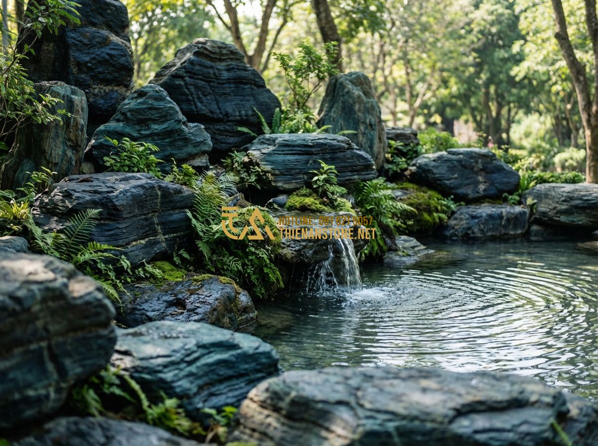 Thi Công Hồ Cá Koi Giá Rẻ Uy Tín - Bảng Báo Giá & Đơn Giá Thi Công Chi Tiết - Tạo ảnh tiếng Anh: Artistic arrangement of large natural weathered stones and bo