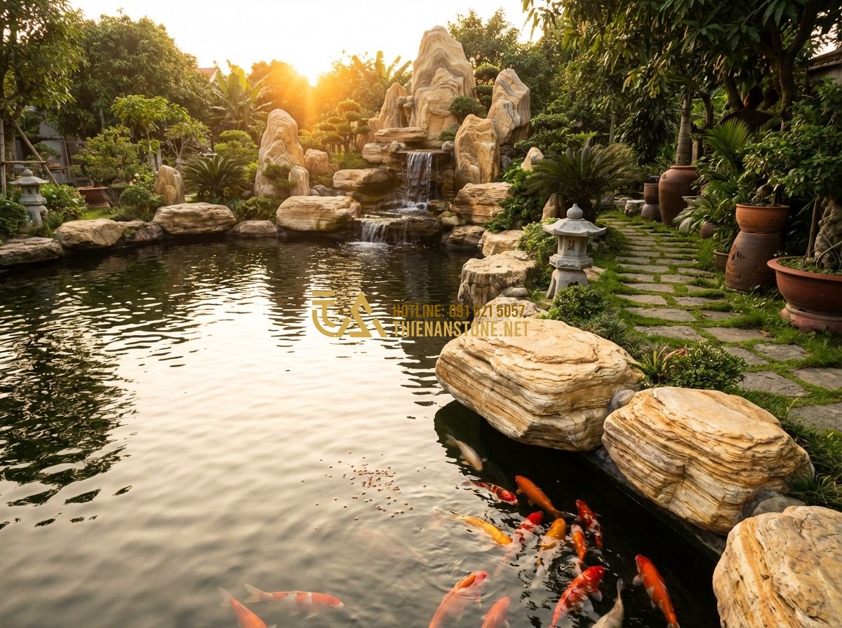 Thi Công Hồ Cá Koi Giá Rẻ Uy Tín - Bảng Báo Giá & Đơn Giá Thi Công Chi Tiết - Tạo ảnh tiếng Anh: A happy family, a father and two young children, kneeling by