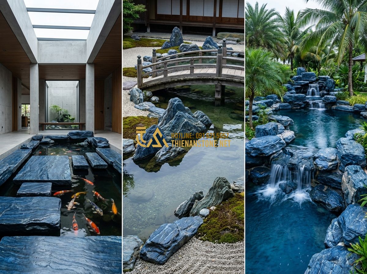 Thi Công Hồ Cá Koi Giá Rẻ Uy Tín - Bảng Báo Giá & Đơn Giá Thi Công Chi Tiết - Tạo ảnh tiếng Anh: A collage of diverse Koi pond designs by Thien An Stone: a mo