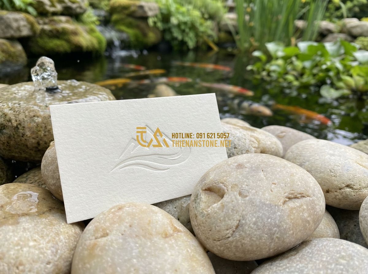 Thi Công Hồ Cá Koi Giá Rẻ Uy Tín - Bảng Báo Giá & Đơn Giá Thi Công Chi Tiết - Tạo ảnh tiếng Anh: A close-up of a business card for "Thien An Stone Craft" plac
