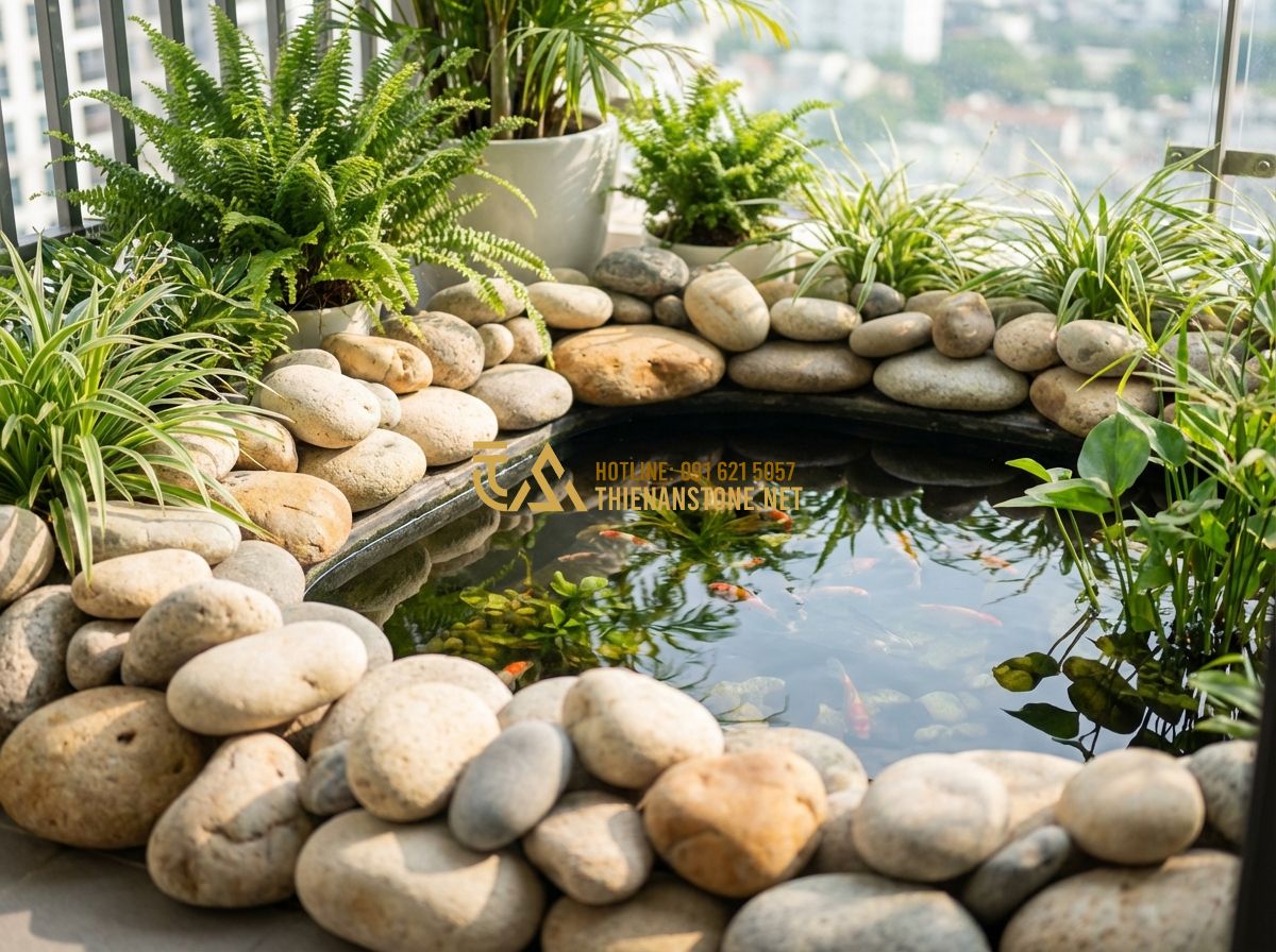 Thi Công Hồ Cá Koi Mini Giá Rẻ Đẹp Trên Sân Thượng & Ban Công 2024 - Hình 1 Thi Công Hồ Cá Koi Mini Giá Rẻ Đẹp Trên Sân Thượng & Ban Công 2024 - Tạo ảnh tiếng Anh: A professional close-up shot of a small, elegant mini Koi pon
