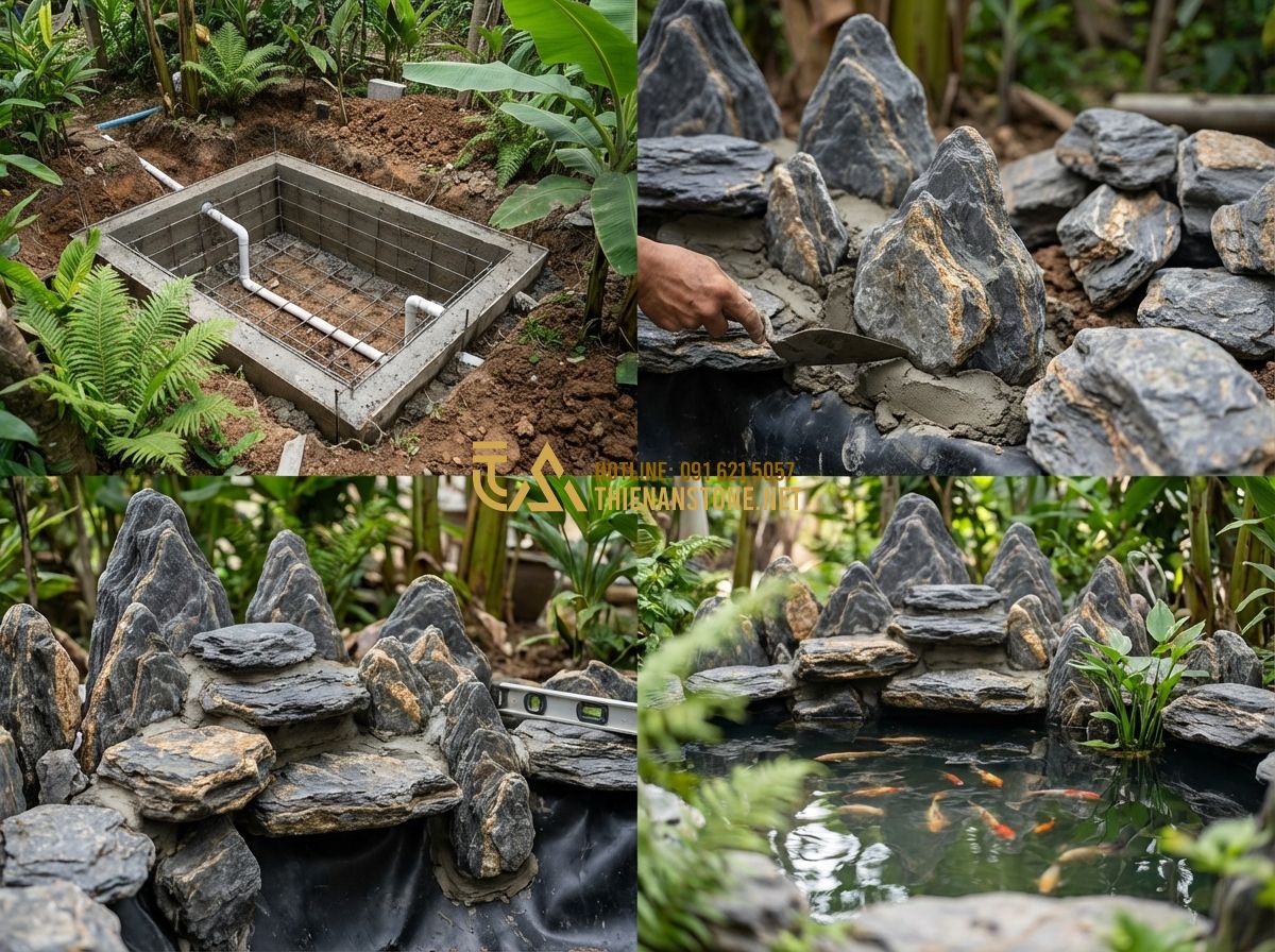Thi Công Hồ Cá Koi Mini Giá Rẻ Đẹp Trên Sân Thượng & Ban Công 2024 - Hình 6 Thi Công Hồ Cá Koi Mini Giá Rẻ Đẹp Trên Sân Thượng & Ban Công 2024 - Tạo ảnh tiếng Anh: A montage showing the construction stages of a mini Koi pond.