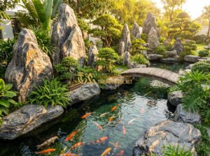 Thi Công Hồ Cá Koi Sân Vườn Đẹp Theo Phong Thủy - Mẫu Thiết Kế Tiểu Cảnh Hot Nhất - Tạo ảnh tiếng Anh: A luxurious garden landscape featuring a crystal clear Koi po