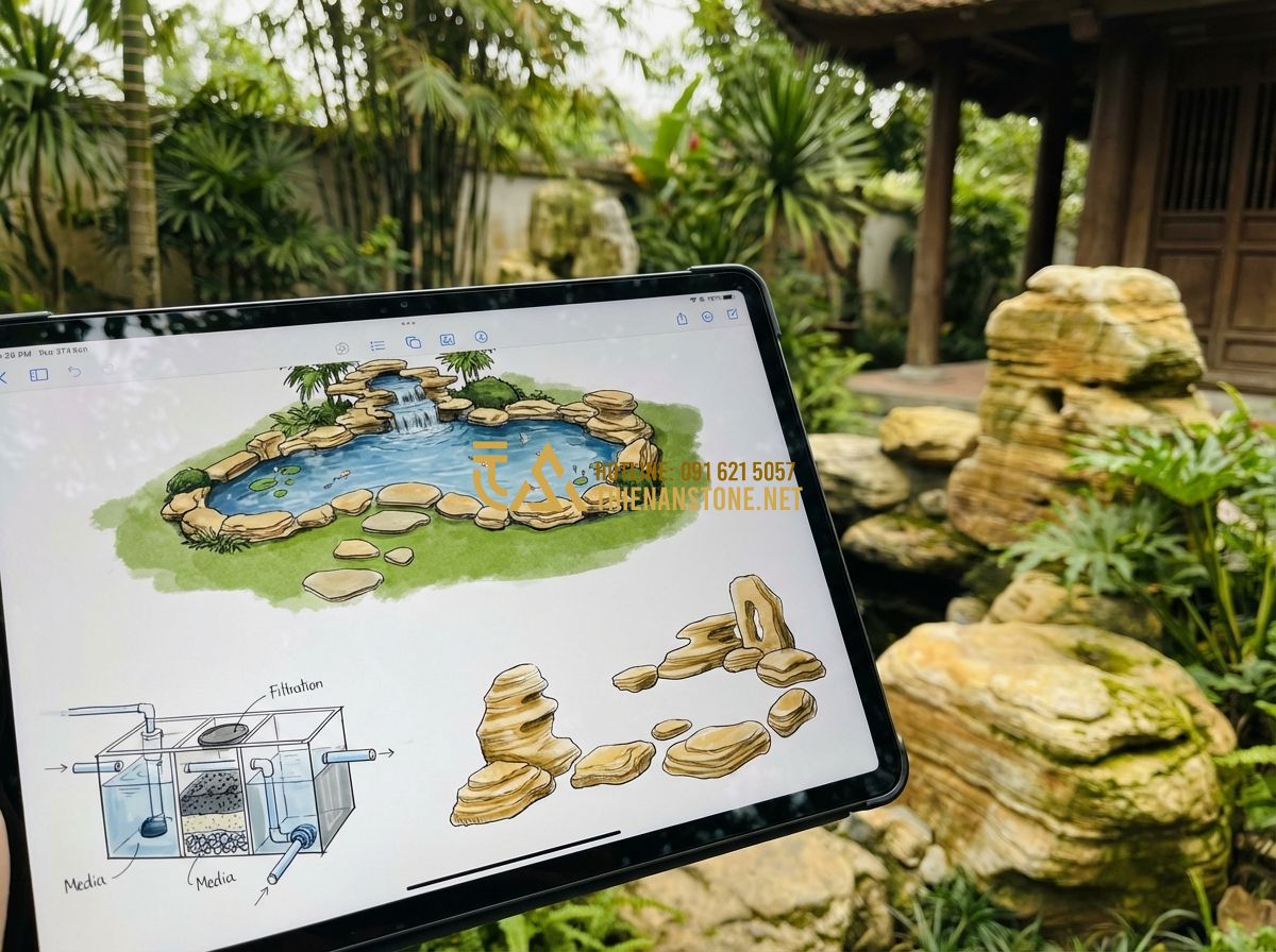 Thi Công Hồ Cá Koi Sân Vườn Đẹp Theo Phong Thủy - Mẫu Thiết Kế Tiểu Cảnh Hot Nhất - Tạo ảnh tiếng Anh: A professional landscape architect showing a 3D design bluepr