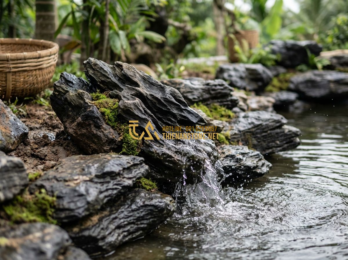 Thi Công Hồ Cá Koi Sân Vườn Đẹp Theo Phong Thủy - Mẫu Thiết Kế Tiểu Cảnh Hot Nhất - Tạo ảnh tiếng Anh: Skilled artisans carefully placing large natural river stones