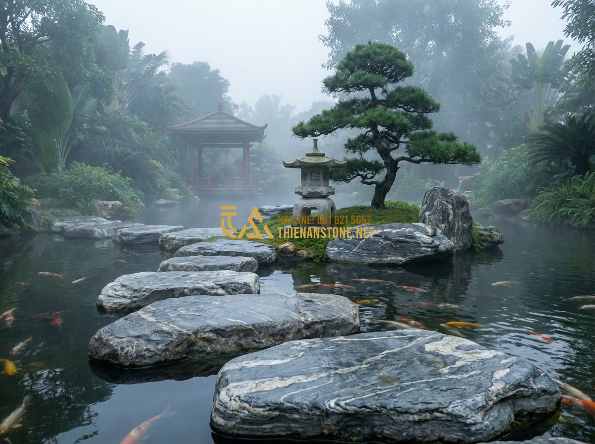 Thi Công Hồ Cá Koi Sân Vườn Đẹp Theo Phong Thủy - Mẫu Thiết Kế Tiểu Cảnh Hot Nhất - Tạo ảnh tiếng Anh: A serene Japanese Zen garden with a Koi pond, featuring a sto