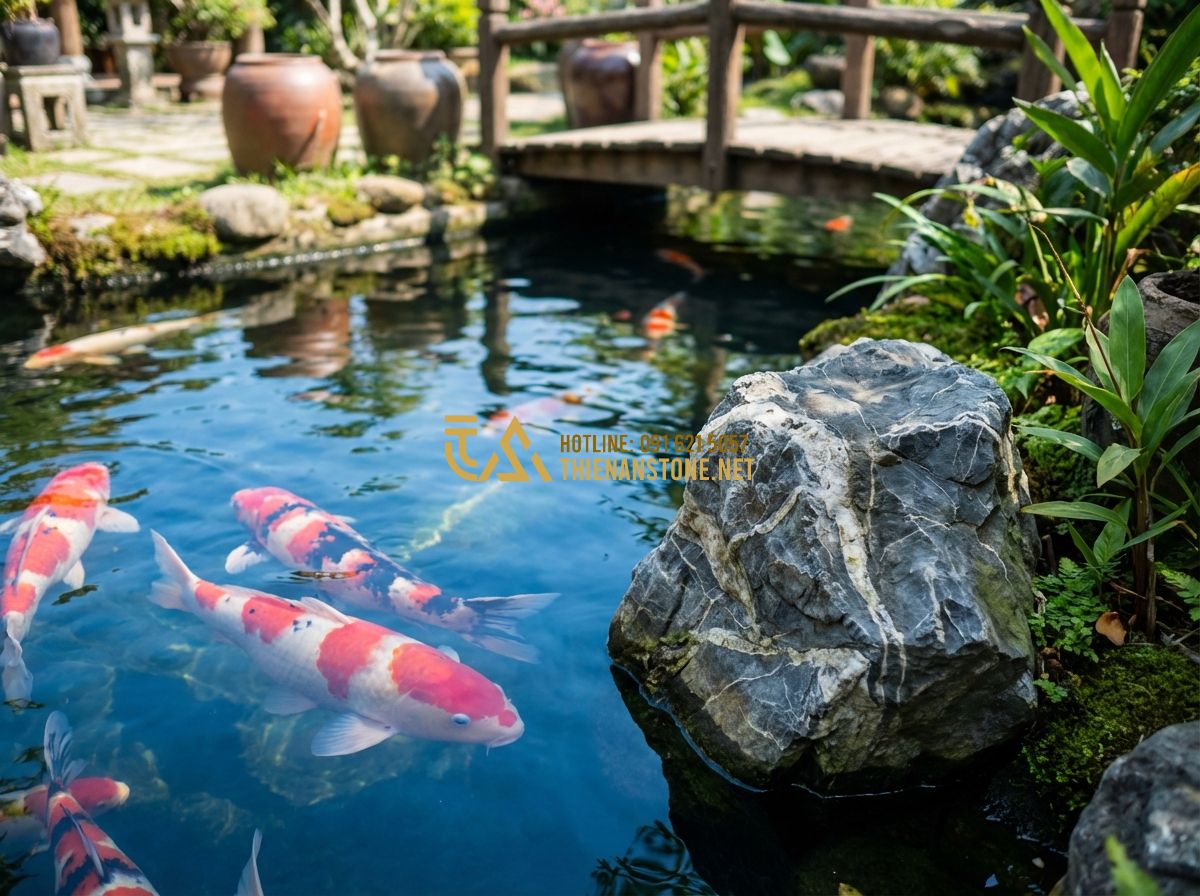 Thi Công Hồ Cá Koi Sân Vườn Đẹp Theo Phong Thủy - Mẫu Thiết Kế Tiểu Cảnh Hot Nhất - Tạo ảnh tiếng Anh: A group of high-quality Japanese Koi fish with vibrant red, w