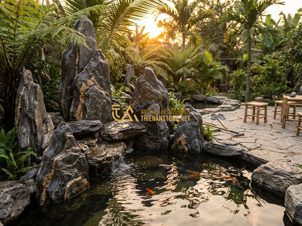 Thi Công Hồ Cá Koi Sân Vườn Đẹp Theo Phong Thủy - Mẫu Thiết Kế Tiểu Cảnh Hot Nhất - Tạo ảnh tiếng Anh: A group of professional garden designers and stone artisans d